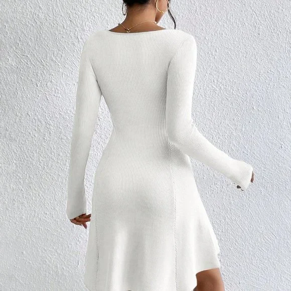 Sweetheart Neck Ribbed Knit Sweater Dress White - Picture 3 of 5